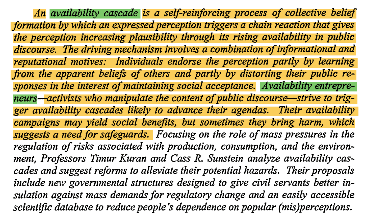 Availability Cascade defined. | (Sunstein & Kuran 1999)